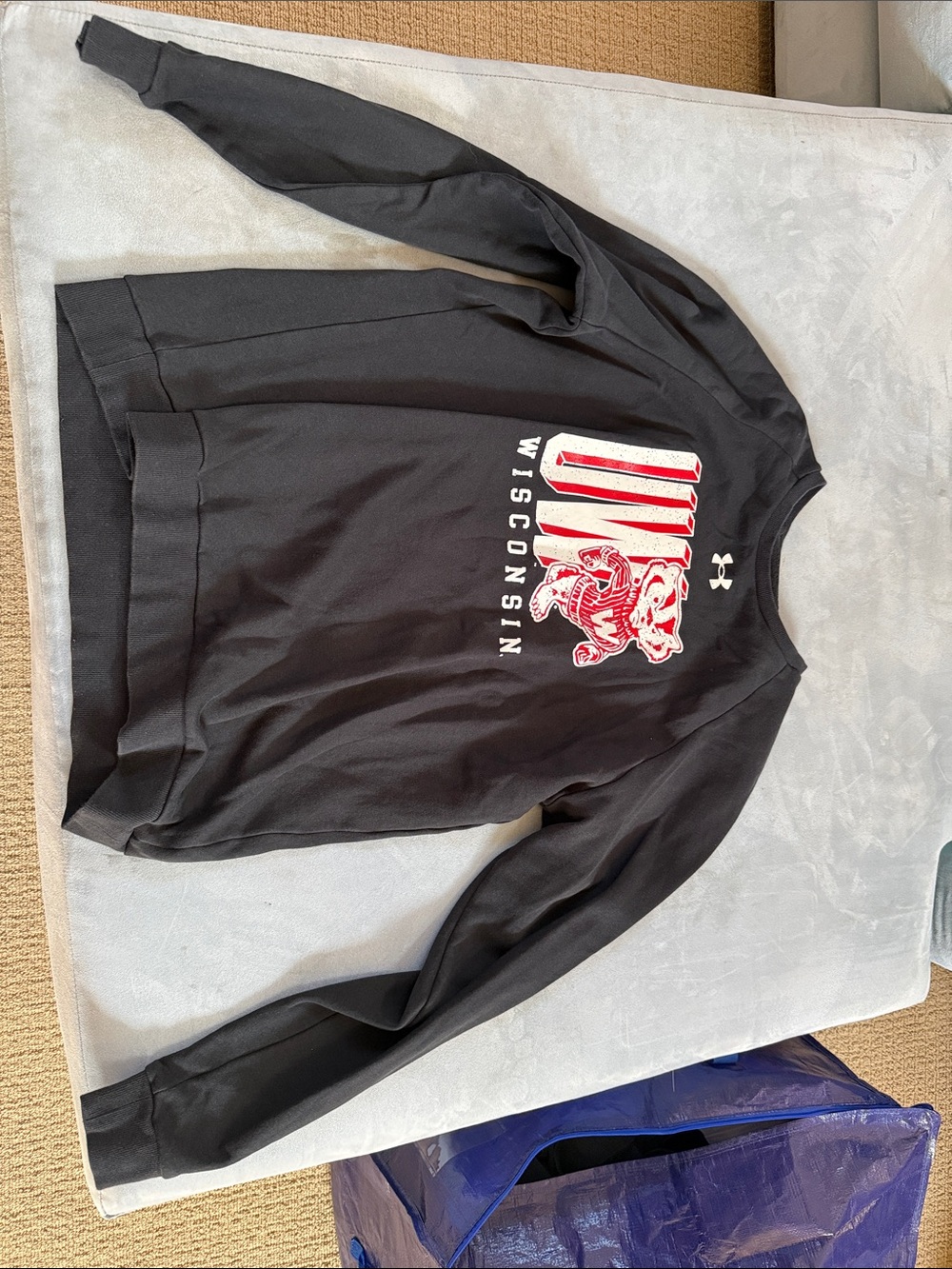 Under Armour Black Crewneck with Red & White Wisconsin Graphic
